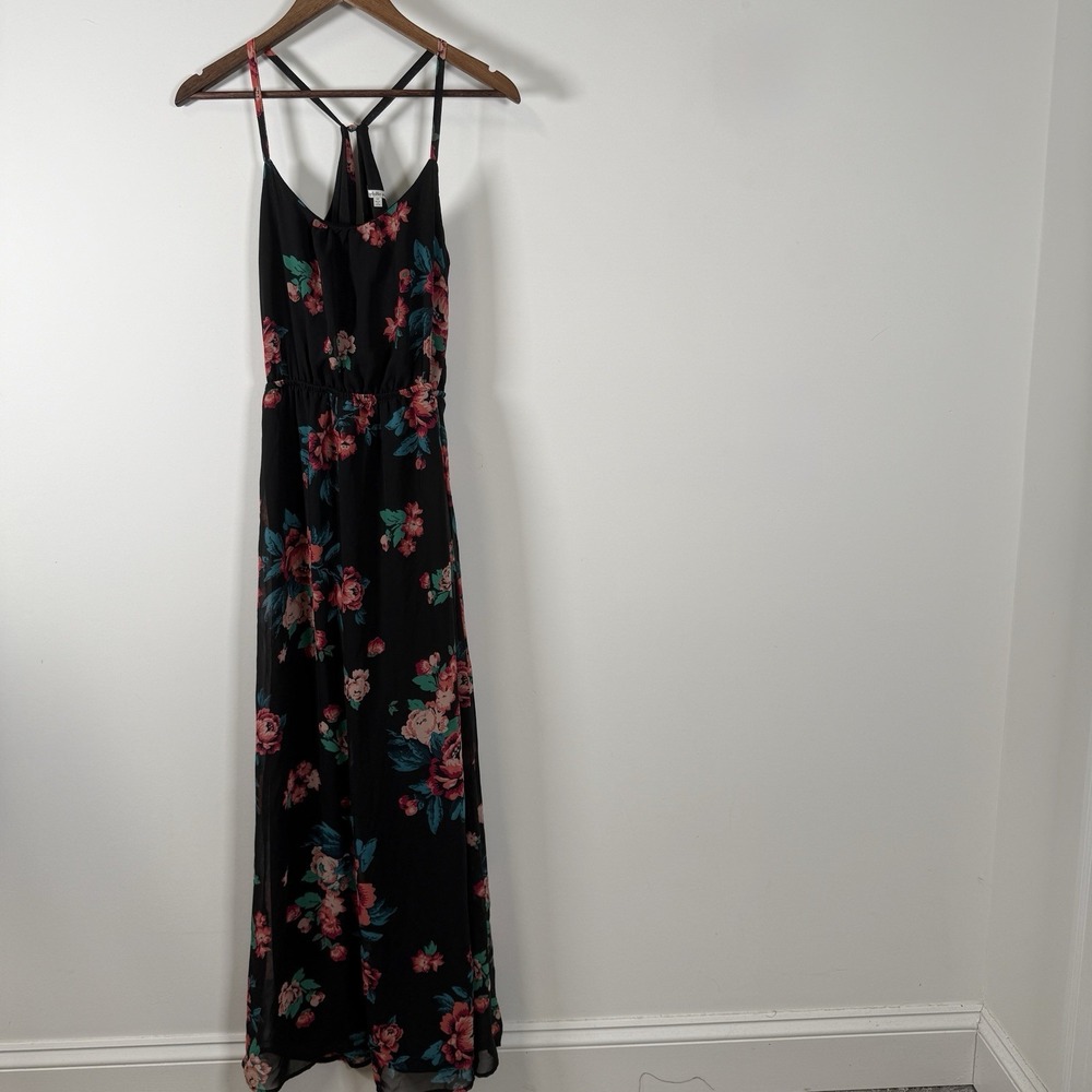 Charlotte Russe Women's Maxi Dress Sheer Lined Black‎ Flowers Cut Outs Size Med